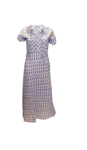 A vintage 1920s blue and white printed summer day dress