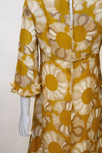 A Vintage 1960s Mustard , Grey and Ivory Print dress by Jollys of Bath and Bristol
