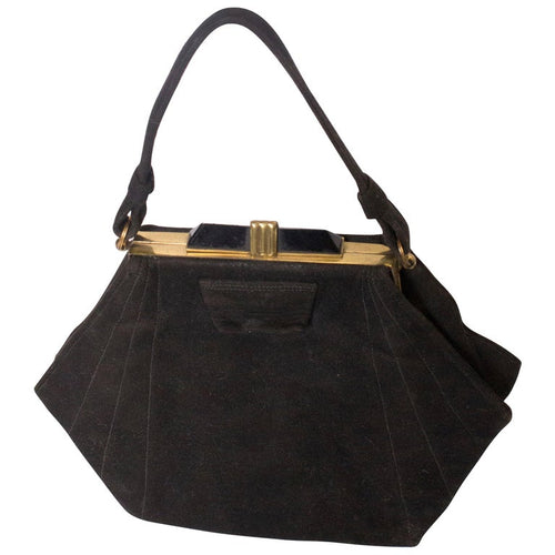 Vintage Art Deco Black Suede Handbag