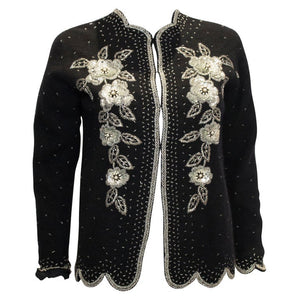Vintage Black Wool Cardigan with Sequin, Bead and Pearl Decoration