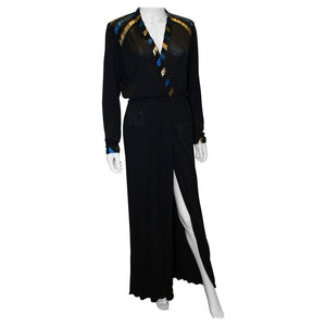 A Vintage 1970s Roland Klein Black, Blue and Gold Evening Dress