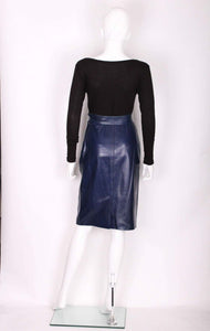 A vintage 1980s Blue Leather high waisted pencil Skirt by Yves Saint Laurent Rive Gauche