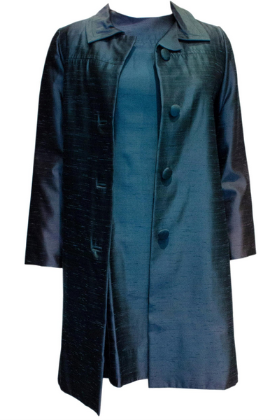 A Vintage dusty blue 1960s Silk Coat and Dress